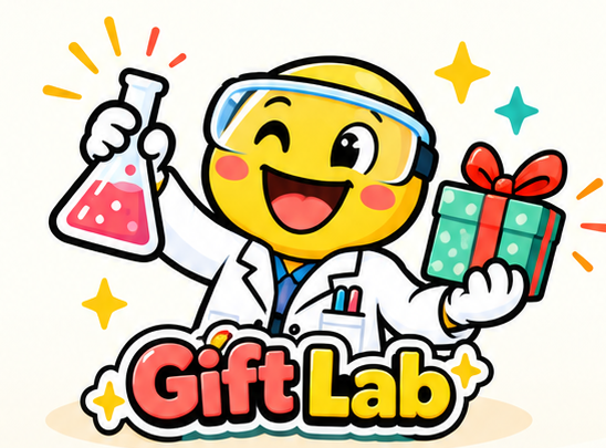 A cheerful gift lab scientist holding a flask and a wrapped present