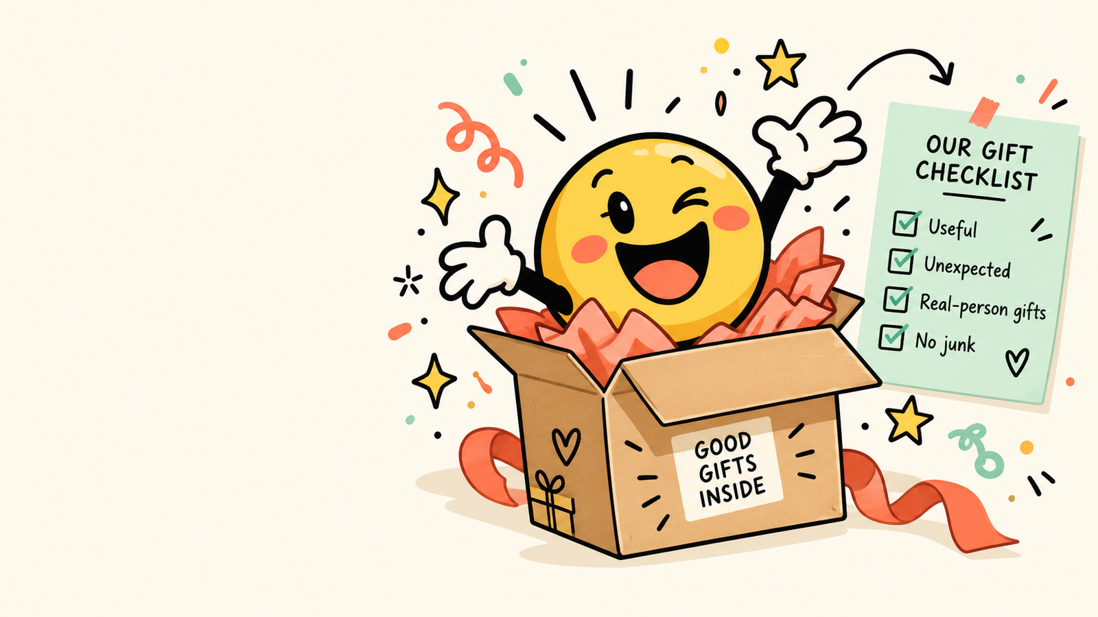 A cheerful yellow smiley mascot popping out of a gift box beside a gift checklist